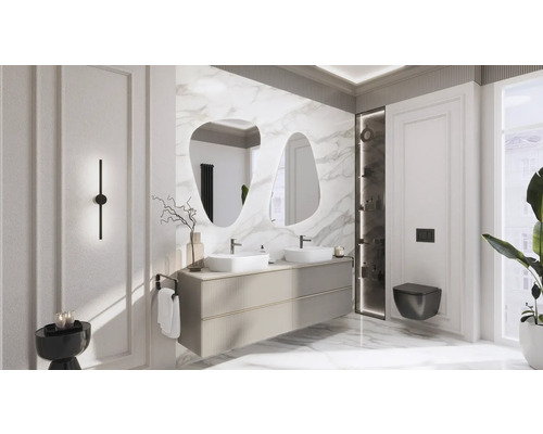 Baie modernă cu lavoar dublu, oglinzi și vas WC suspendat