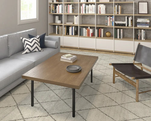 Living cu canapea, masă din lemn, bibliotecă și fotoliu pe un covor.