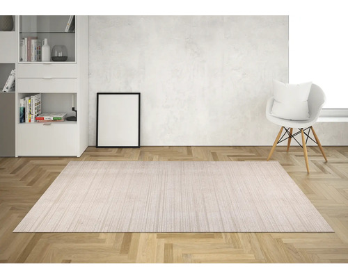 Cameră de zi cu covor deschis la culoare pe parchet, raft și scaun