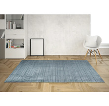 Covor albastru cu model în dungi într-o cameră luminoasă cu mobilier