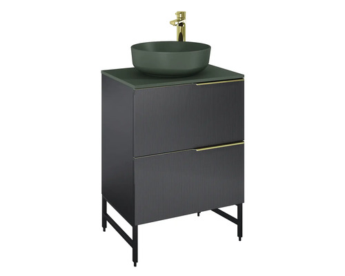 Mobilier de lavabo cu lavoar așezat și baterie pentru baie