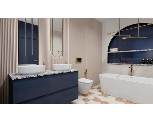 Baie luminoasă cu chiuvetă dublă, cadă și toaletă