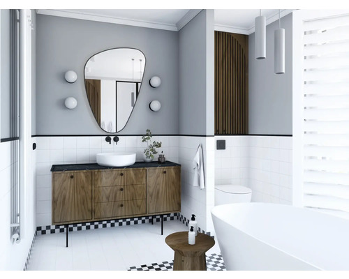 Baie modernă cu dulap sub lavoar, oglindă și cadă independentă