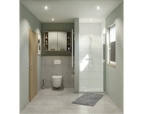 Baie cu duș, toaletă, lavoar și oglindă