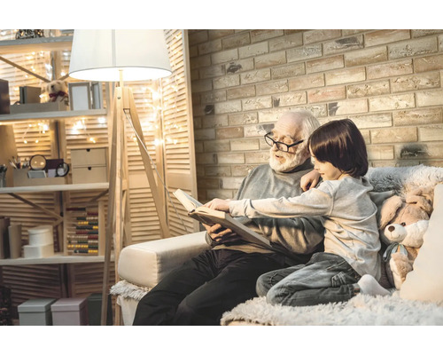 Un bunic citește o carte cu nepotul său într-un living luminos și confortabil, cu un perete din zidărie și o lampă de podea.