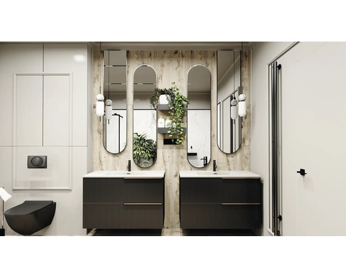 Baie modernă cu lavoar dublu, oglinzi și WC suspendat.