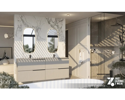 Baie modernă cu chiuvetă dublă, oglinzi și duș