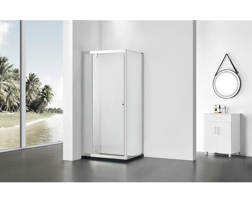 Cabină de duș pe colț cu pereți de sticlă într-o baie