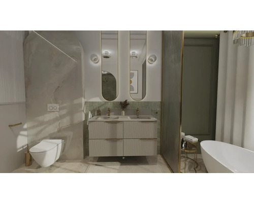 Baie cu lavoar, oglinzi, toaletă și cadă