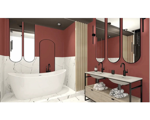 Baie modernă cu cadă independentă, chiuvetă dublă și oglinzi