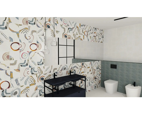 Baie cu lavoar, toaletă, bideu și pereți placați cu model