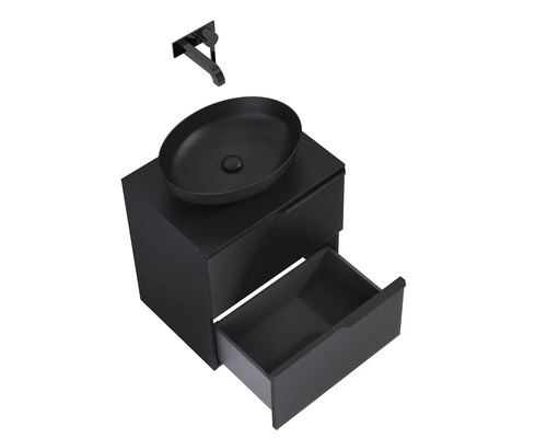 Dulap de lavoar cu sertar deschis, lavoar așezat și robinet