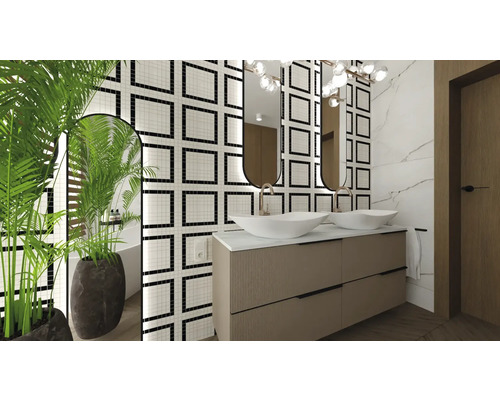 Baie luminoasă cu lavoar, oglinzi și gresie mozaic