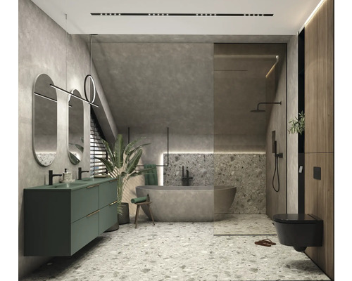 Baie modernă cu lavoar, oglinzi, cadă, duș și toaletă