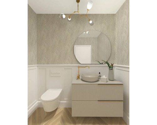 Baie modernă cu toaletă suspendată, dulap de bază pentru lavoar, oglindă rotundă și plafonieră