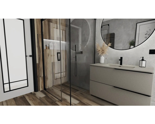 Baie modernă cu duș, chiuvetă și oglindă