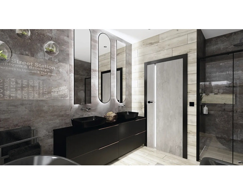 Baie modernă cu lavoar, oglinzi, duș și faianță gri