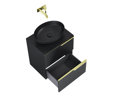 Mobilier de lavabo cu dulap inferior, lavoar negru aplicat și baterie aurie