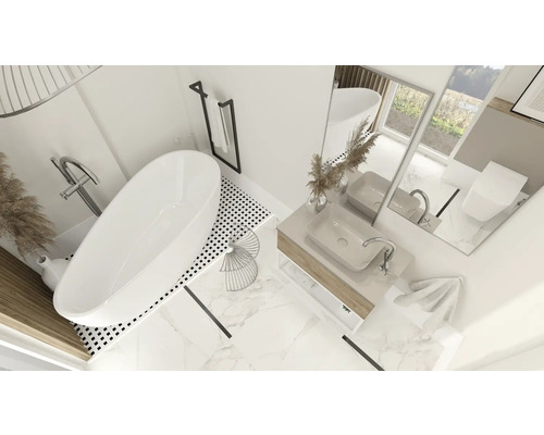 Baie luminoasă cu cadă freestanding, chiuvetă și oglindă