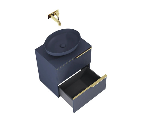 Combinație lavoar cu vas deasupra blatului, robinet și sertare pentru depozitare