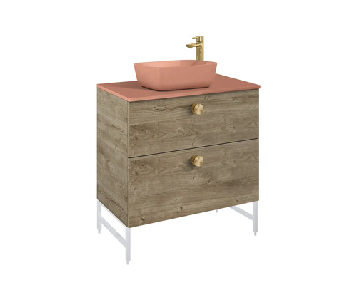 Mobilier de lavabo cu lavoar, robinet, două sertare și picioare