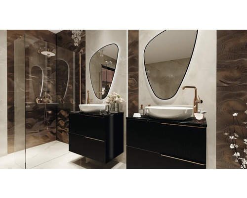 Baie modernă cu duș, chiuvete, oglinzi și decor elegant