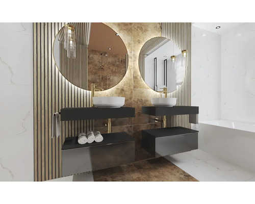 Baie cu două chiuvete, oglinzi rotunde și panouri din lemn