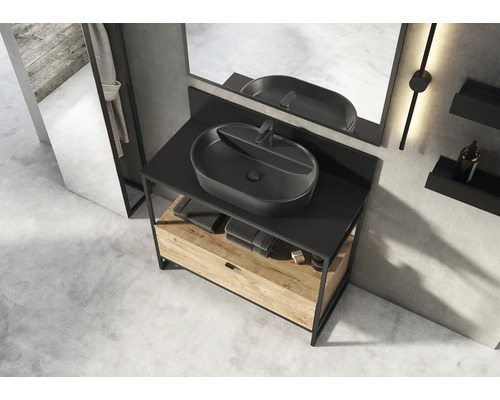 Baie cu lavoar, lavoar aplicat, oglindă și rafturi de depozitare