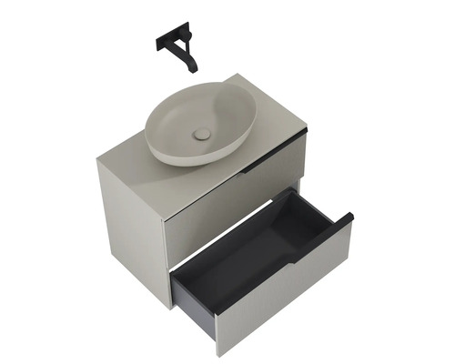 Combinație lavoar cu blat cu lavoar așezat, sertar deschis și baterie