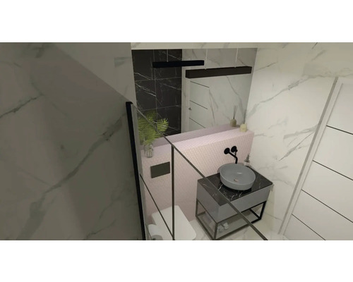 Baie modernă cu chiuvetă, oglindă și cabină de duș