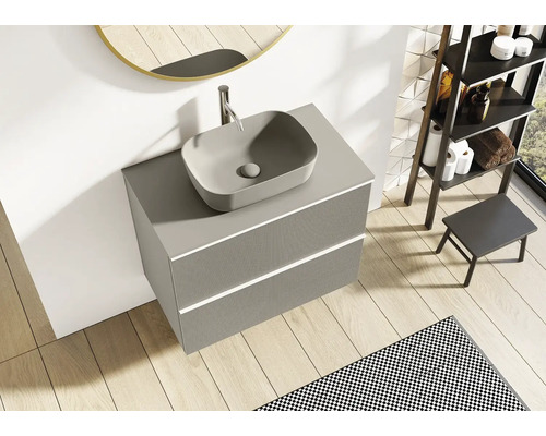 Chiuvetă gri cu chiuvetă de blat și două sertare în baie