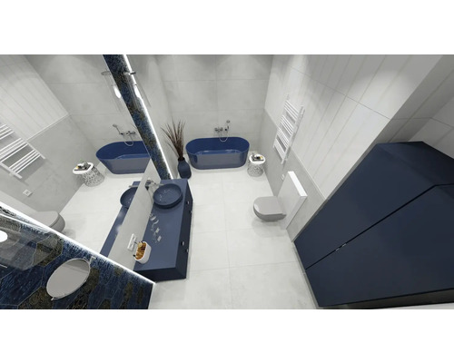 Baie luminoasă cu căzi, chiuvete și mobilier