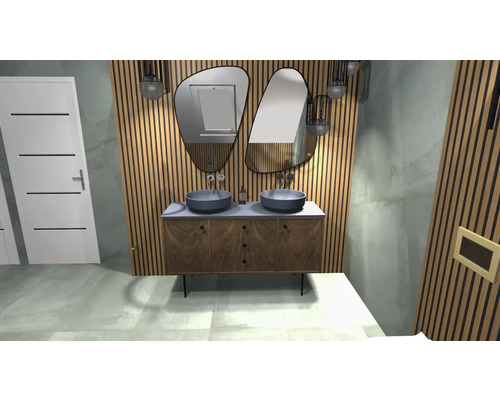 Baie cu lavoar dublu, două oglinzi și panouri verticale din lemn