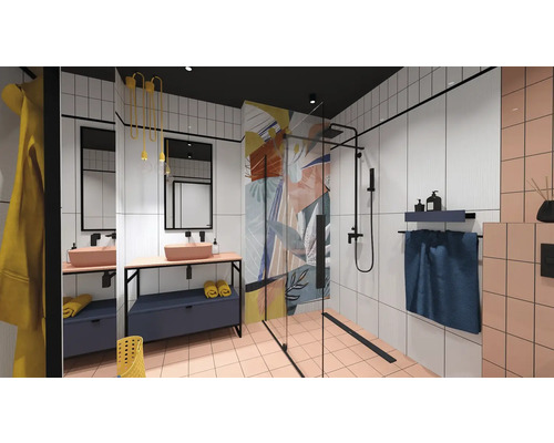 Baie modernă cu duș, chiuvetă și gresie