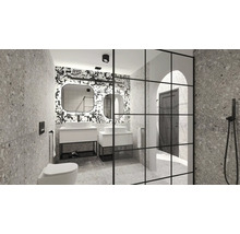 Baie modernă cu chiuvete, oglinzi, toaletă, cabină de duș și model de gresie terrazzo gri
