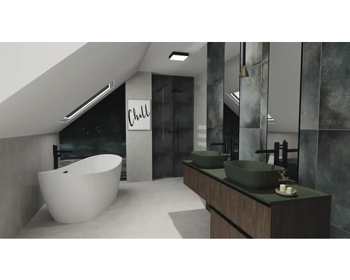 Baie modernă cu cadă, duș și chiuvetă dublă