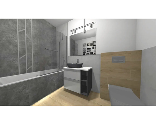 Baie modernă cu cadă, lavoar și toaletă.