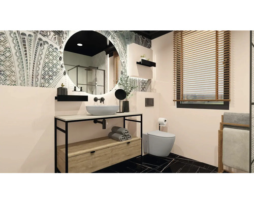 Baie cu chiuvetă, oglindă, toaletă și jaluzele