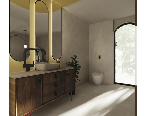 Baie cu lavoar, oglindă și toaletă pentru o atmosferă luminoasă și prietenoasă