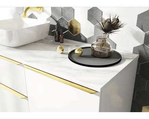 Dulap de baie cu lavoar, robinet, elemente decorative şi faianţă hexagonală