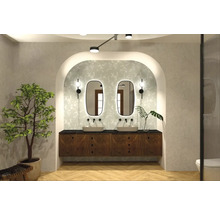 Baie luminoasă cu lavoar dublu, oglinzi, plante și accente decorative