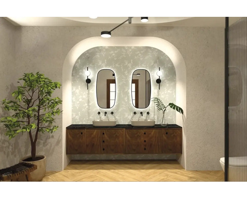 Baie luminoasă cu lavoar dublu, oglinzi, plante și accente decorative