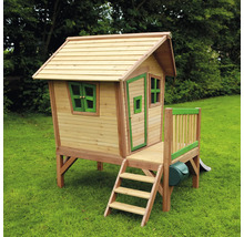 Căsuță de joacă din lemn cu verandă și tobogan în grădină