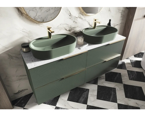 Baie cu două lavoare verzi aplicate, dulap de bază pentru lavoar, armături și oglinzi