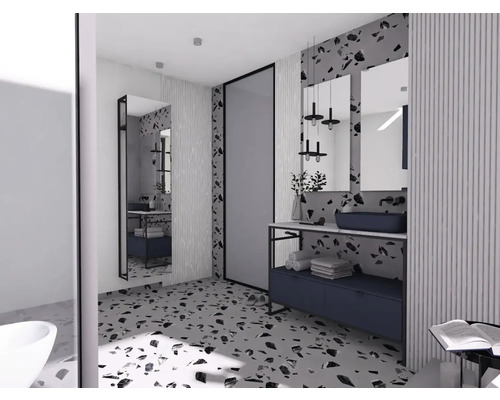 Baie luminoasă cu oglinzi, chiuvetă și podea de terrazzo