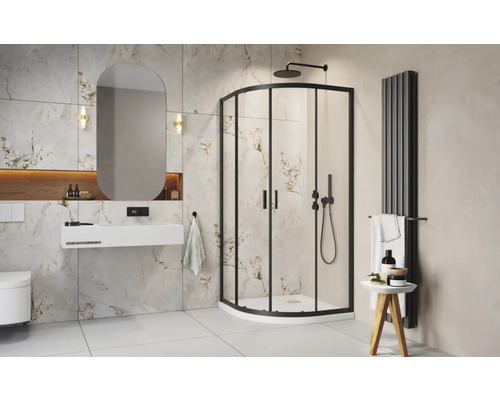 Baie modernă cu cabină de duș de colț, chiuvetă și radiator