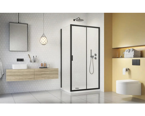 Baie modernă cu cabină de duș, chiuvetă și toaletă