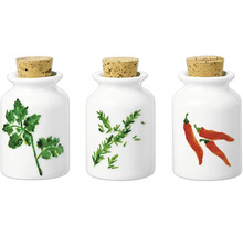 Trei recipiente albe de depozitare din ceramică cu capac de plută și motive cu plante aromatice