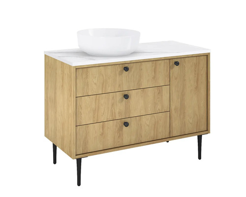 Dulap de bază pentru lavoar cu trei sertare, o ușă și lavoar așezat pe blat