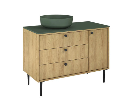 Dulap de bază pentru lavoar cu trei sertare, o ușă și un lavoar așezat deasupra